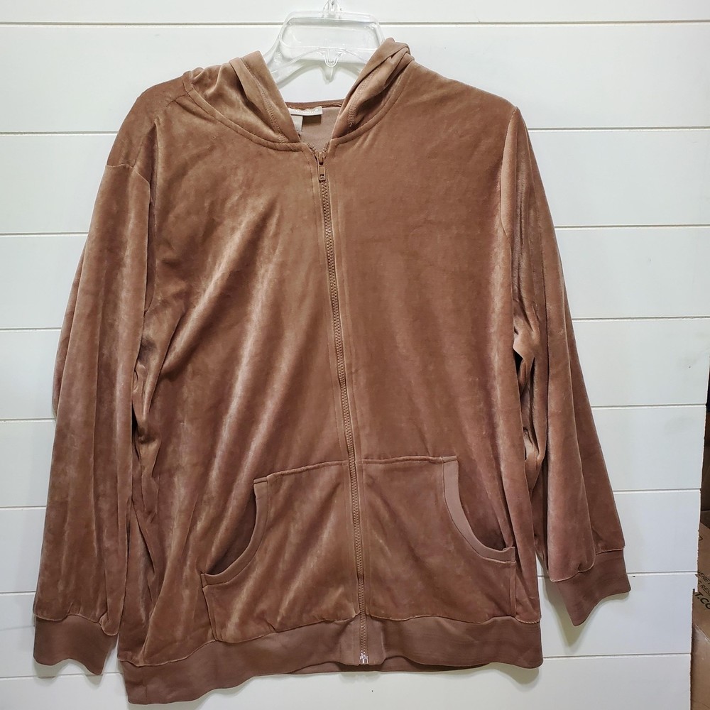 woman within brown velour hoodie womens size L long sleeve full zip pockets soft